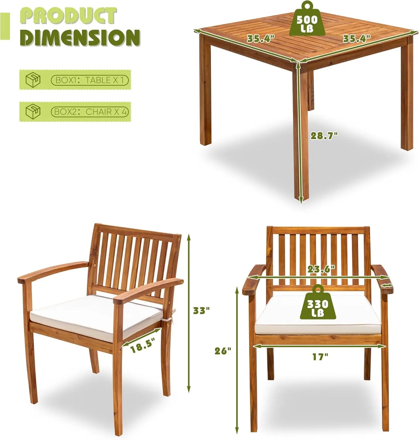 5 piece outdoor dining set acacia wood patio table and chairs with soft cushions furniture for deck backyard garden