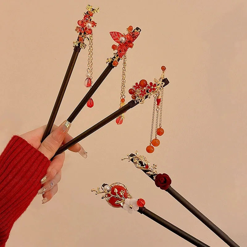 red-flower-hairpin-new-chinese-style-wooden-tassel-hair-stick-ancient-style-cheongsam-hanfu-chinese-style-hair-women-headwear