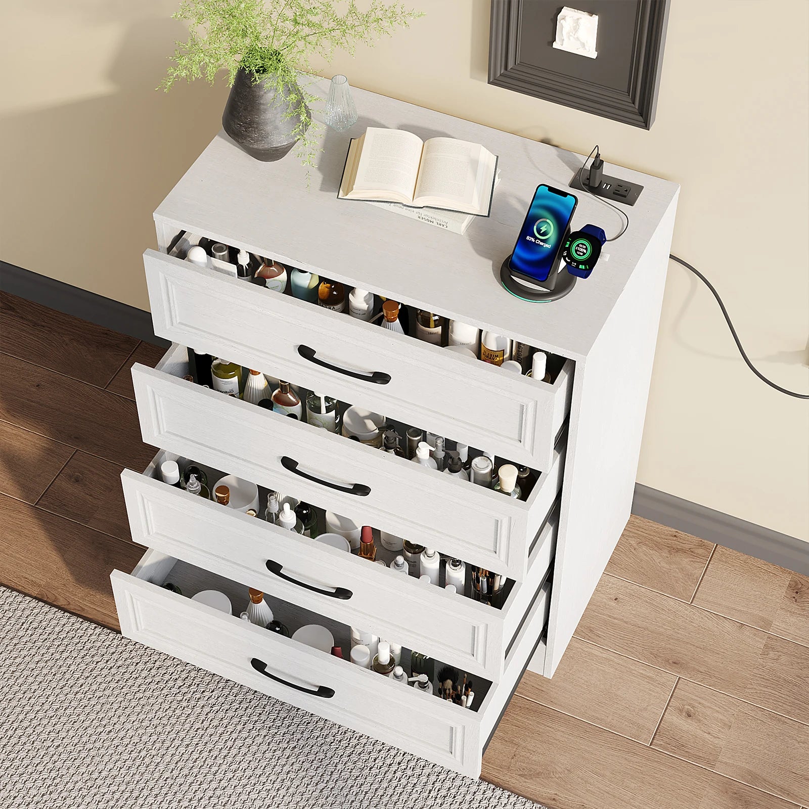 Vabches 4 drawer dresser for bedroom wood with power outlet&metal handles chest of drawers storage organizer hallway