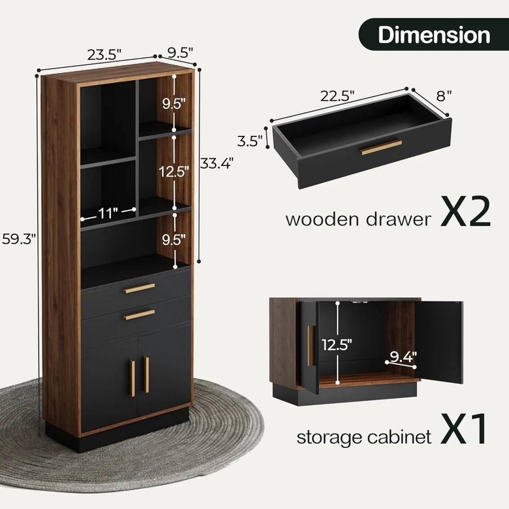 Book shelf with storage 59 inches tall bookshelf doors modern bookcase 5 cubes and 2 drawers wood for hom