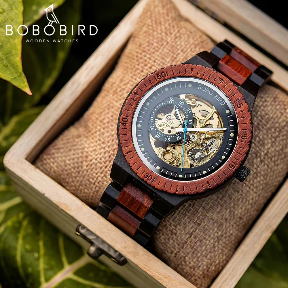 Wooden automatic mechanical watch men wristwatch bobo bird top fashion luminous hands clock custom gift box relogio