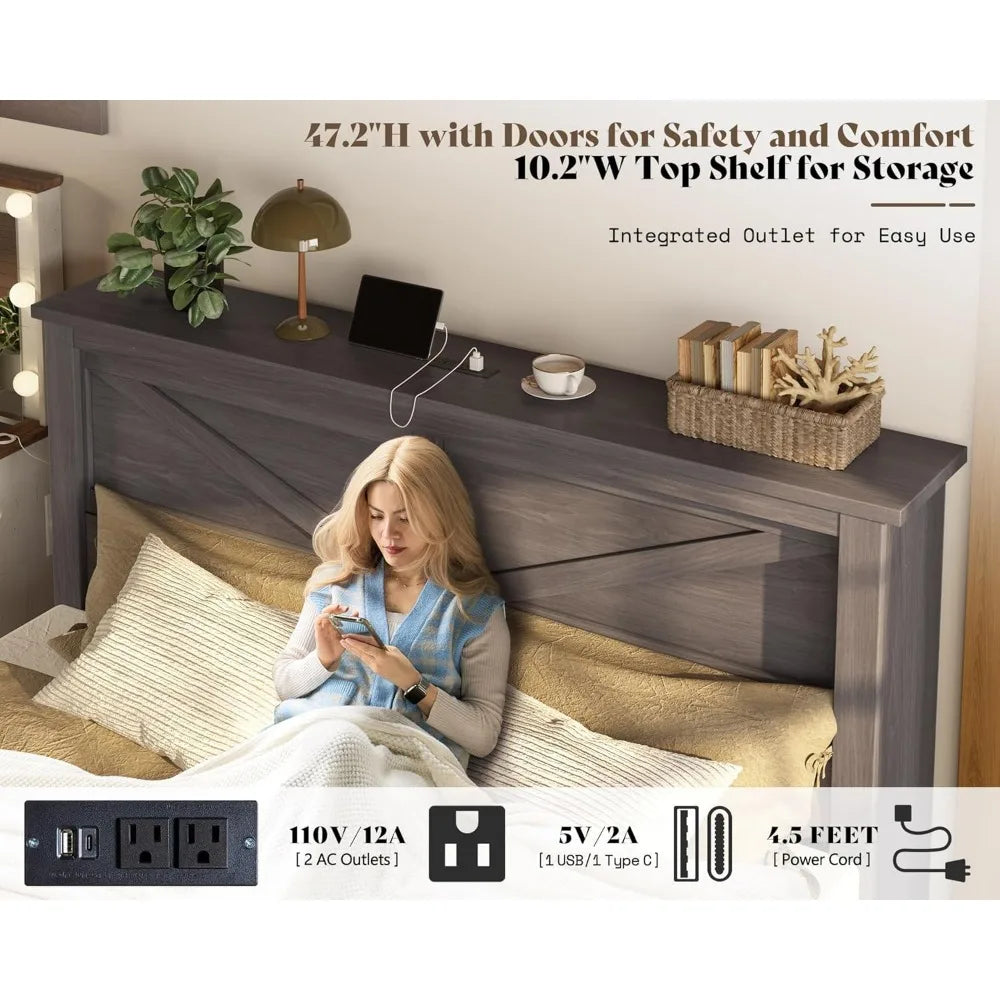Amerlife 47.2’’ h queen bed frame with hidden space bookcase headboard and charging station beds 2 storage drawers wood