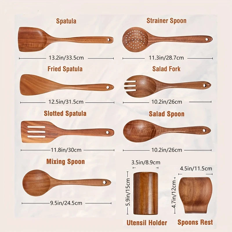 9pcs wooden spoons for cooking utensils with holder teak kitchen set - united states