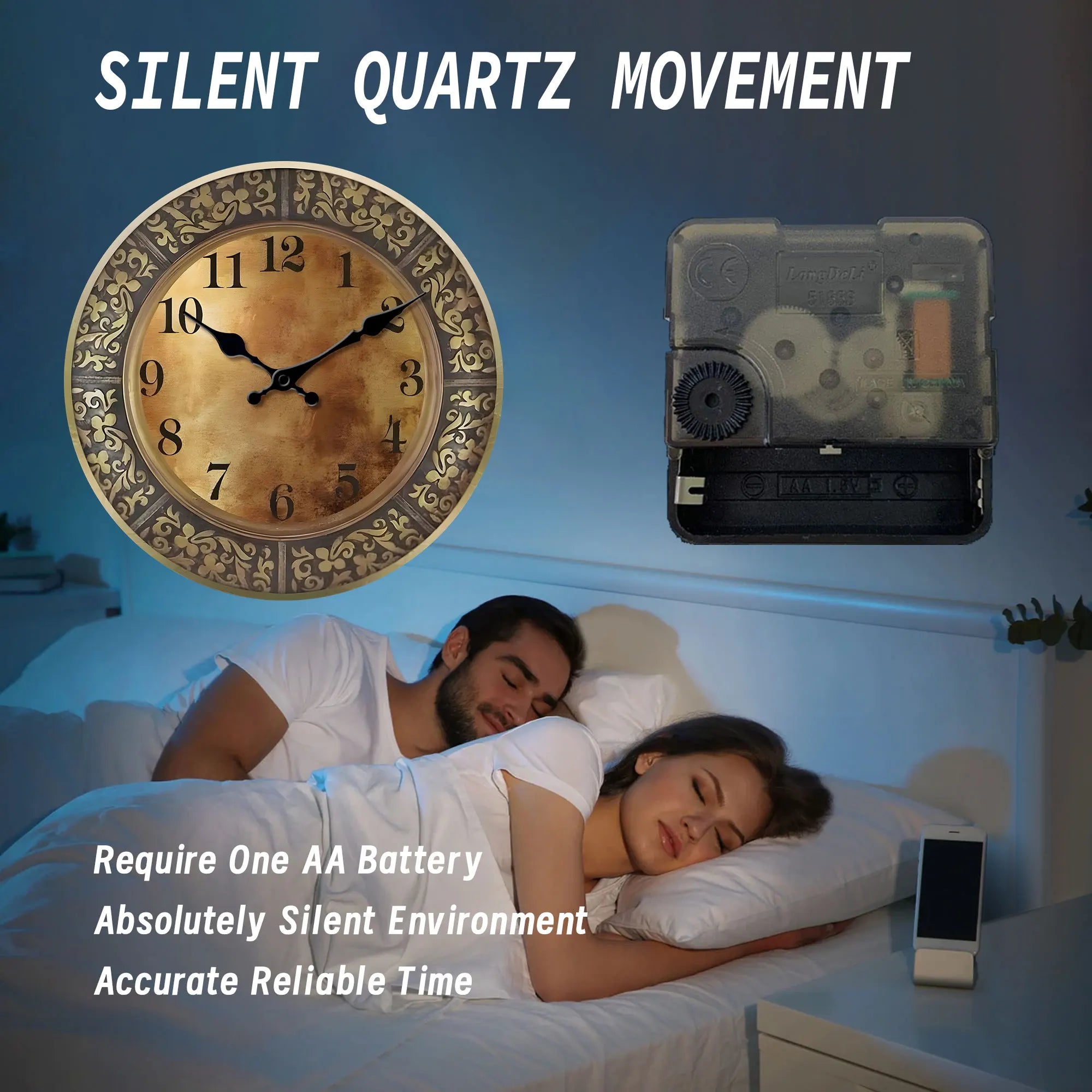 Wooden silent wall clock antique brass pattern design modern home decoration living room dining