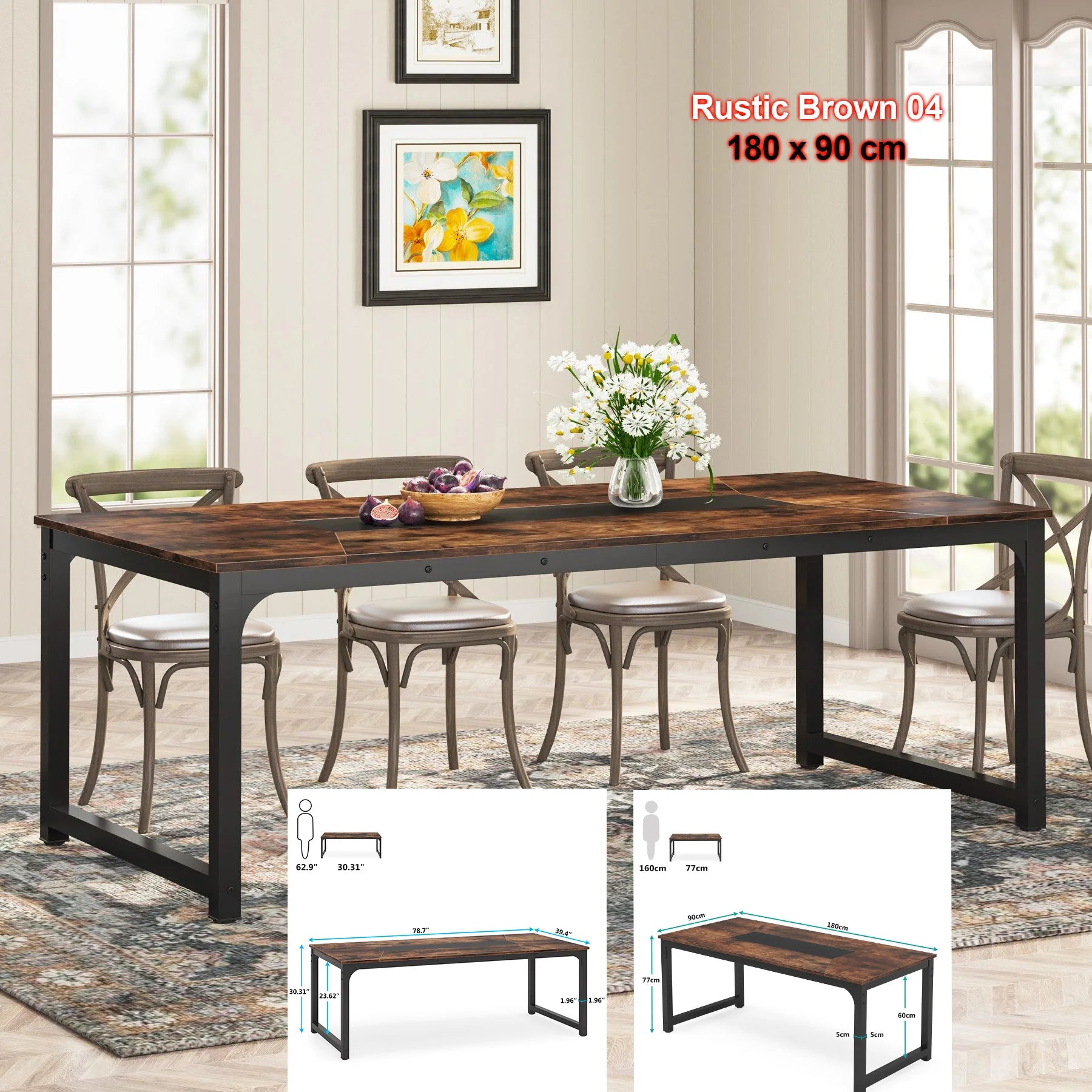 Tribesigns 63’’x31.5’’ dining table industrial kitchen for 6-8 person rectangular dinner room - rustic brown 04