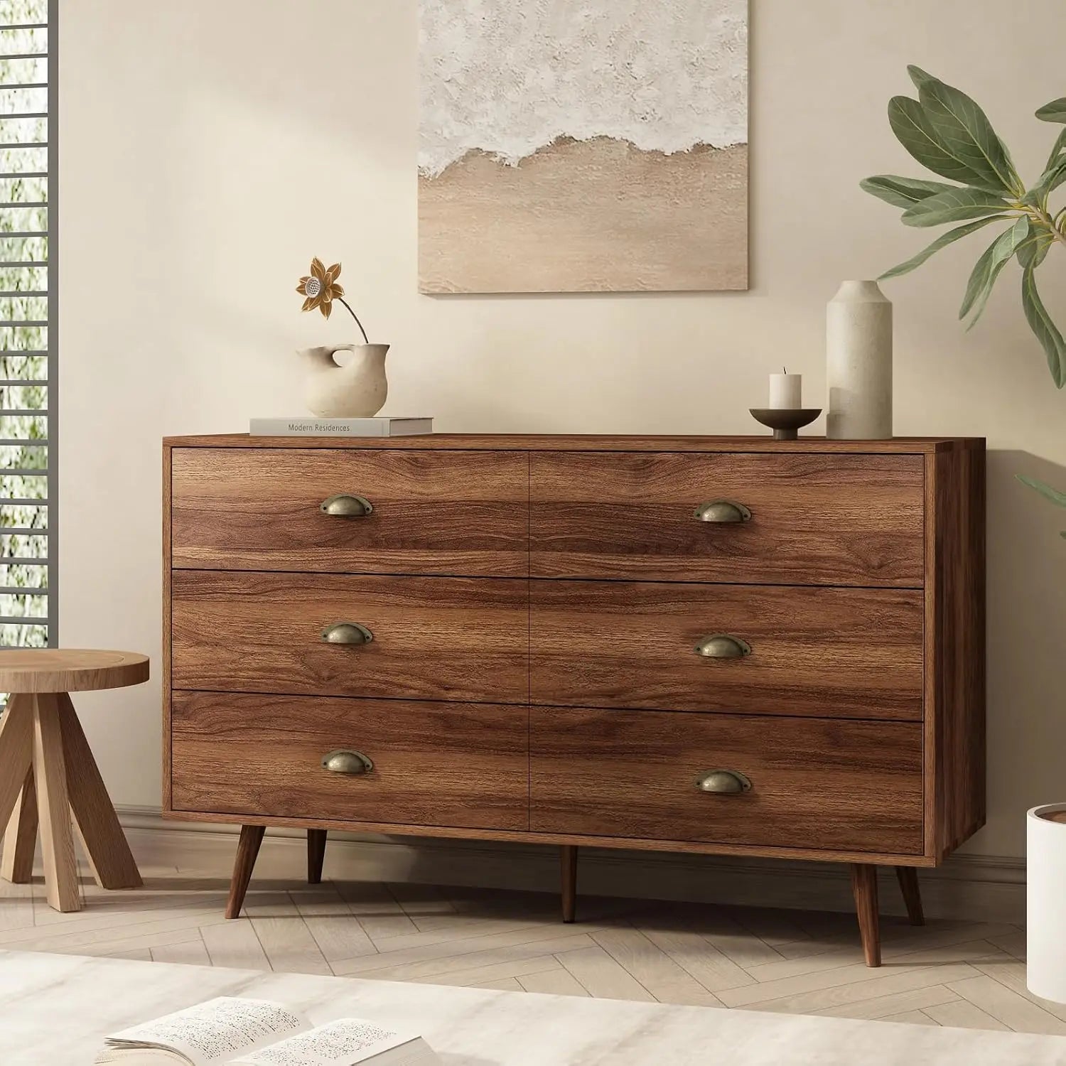 Walnut brown dresser for bedroom 6 drawer with wide drawers and metal knob wood dressers & chest of hallway entryway.