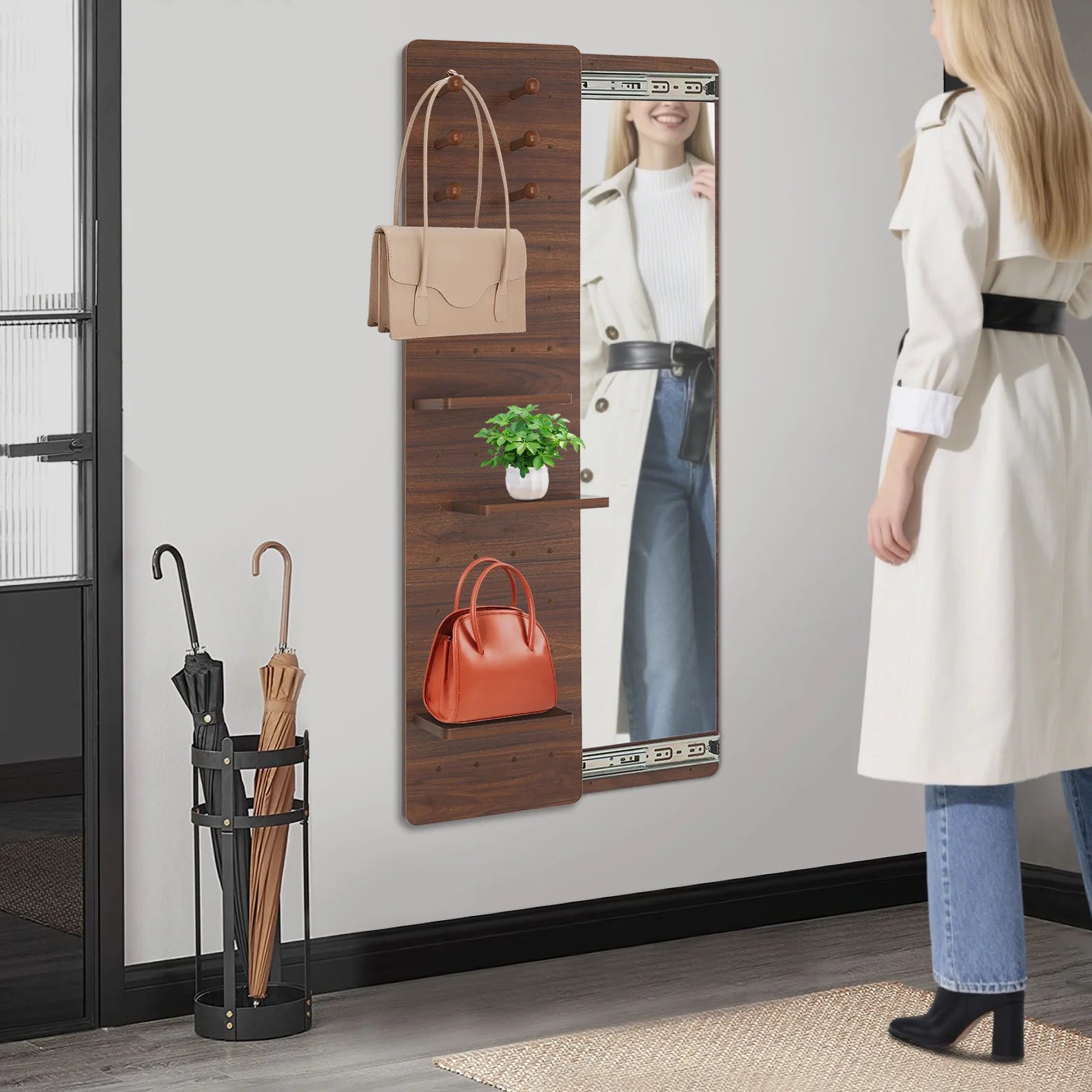 Wood full length mirror with shelf and hooks dual slide rail design multifunctional panel fitting - walnut color