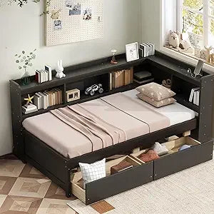 Full size daybed with storage and drawers l-shaped corner bed frame bookcase headboard solid wood captains