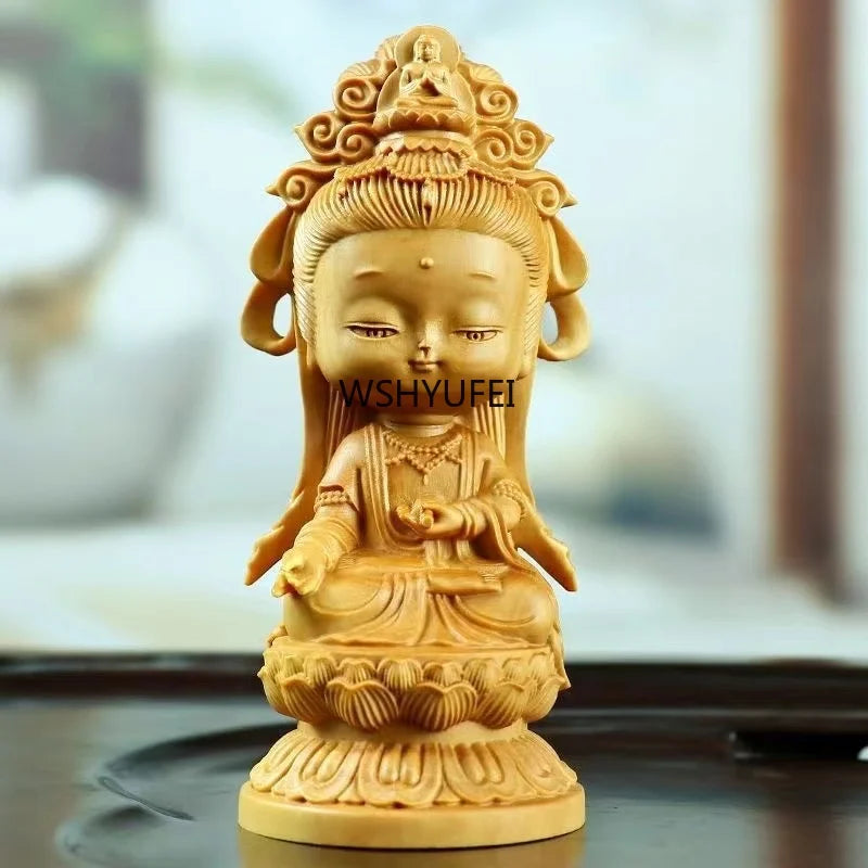 Woodcarving cartoon guanyin statue hand carving solid wood buddhist feng shui home room office decoration - religious