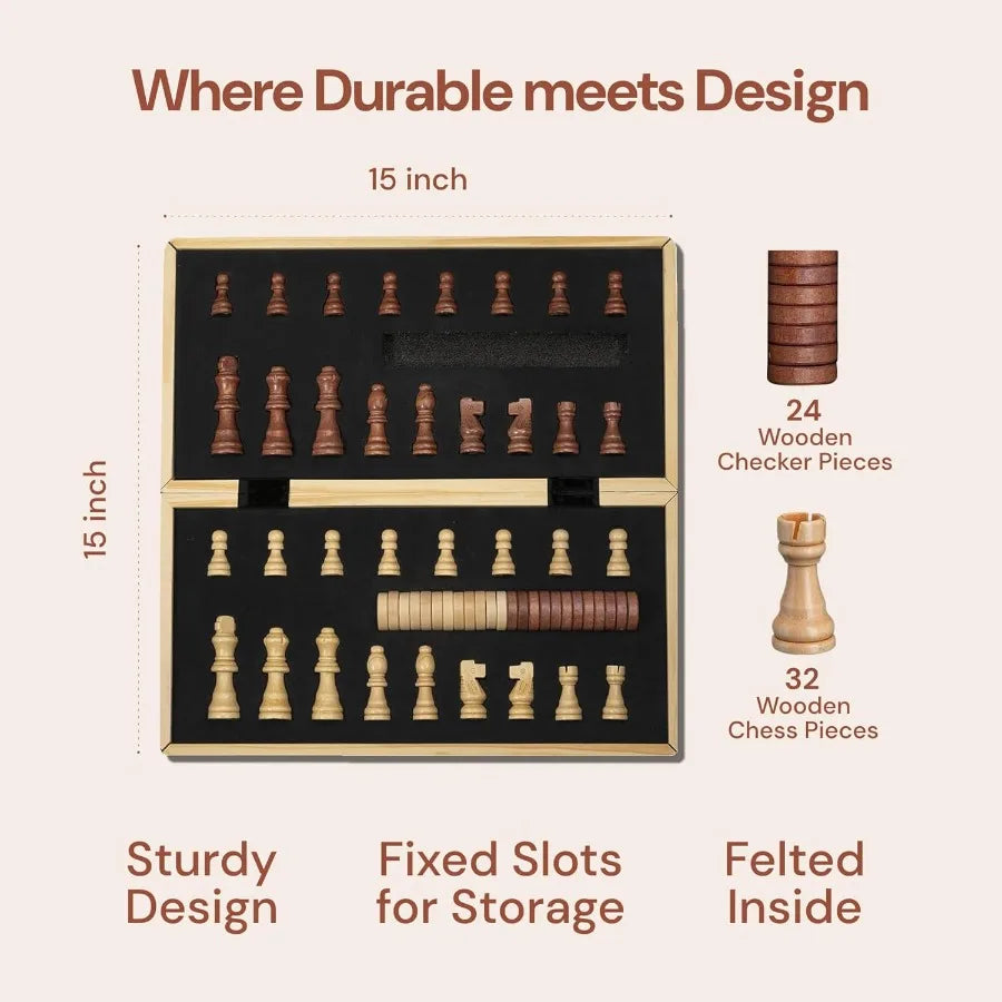 Handmade classic wooden chess set 15’’ with checkers board games for all players including 2 extra queens portable