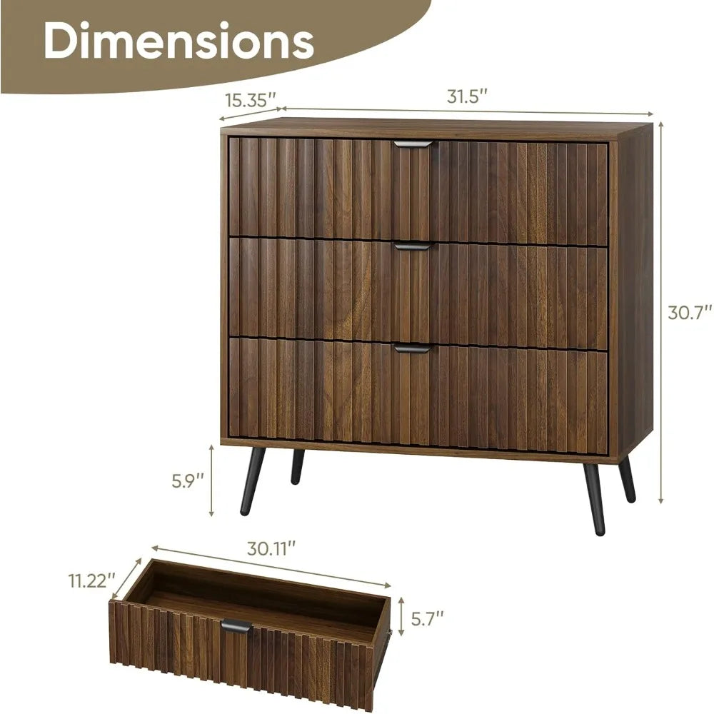 Fluted 3 drawers dresser mid- century modern wooden chest of large night stand organizer for bedroom living room wal