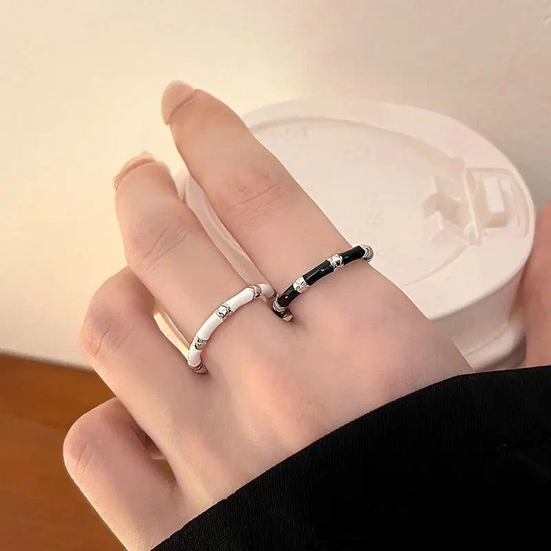 925 sterling silver luxury jewelry black white bamboo adjustable rings for women couple accessories wholesale jewellery