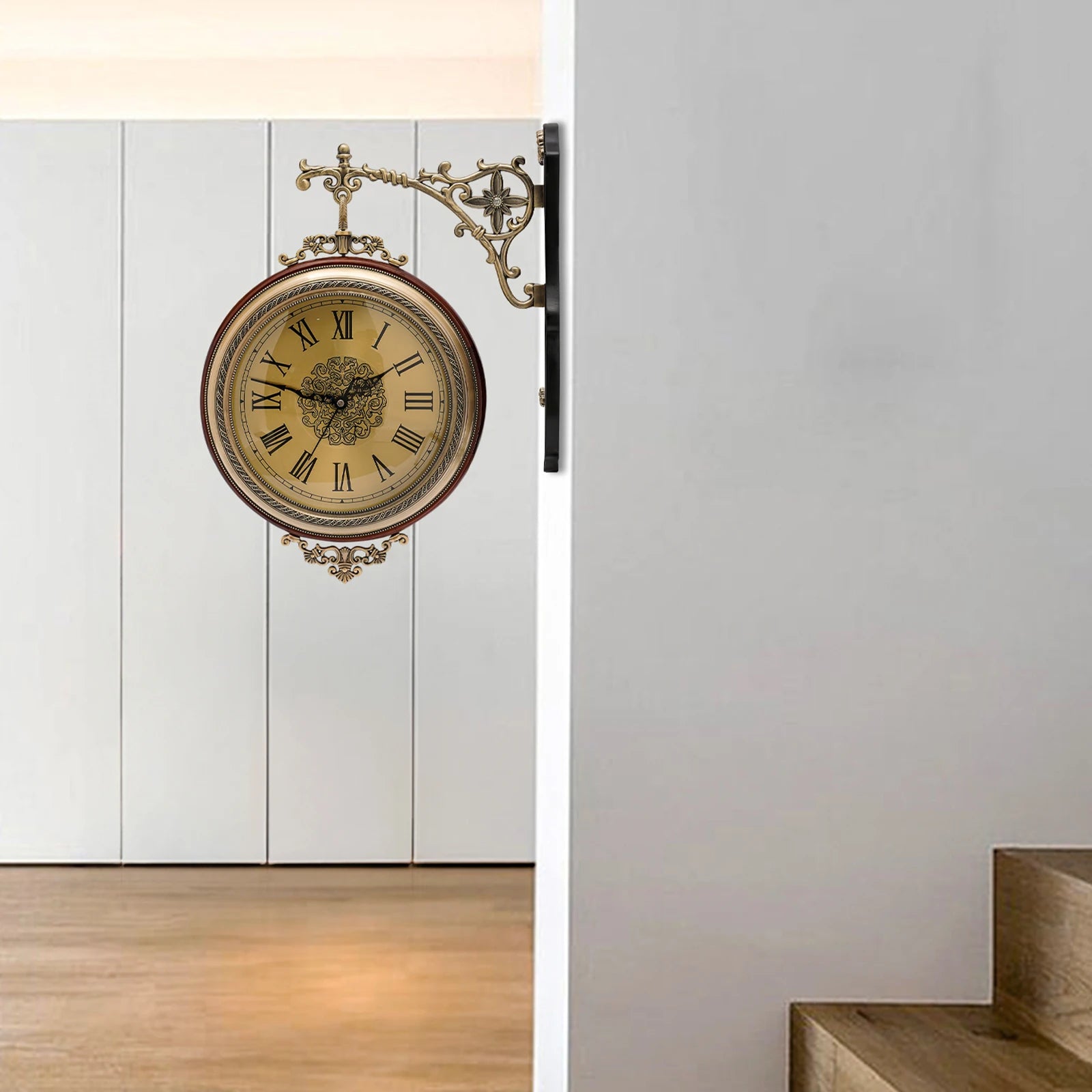 Vintage round wall clock double sided silent movement wood alloy glass brown golden indoor mounted requires assembly