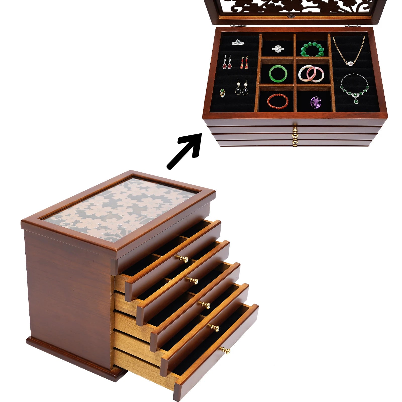 Vintage wooden jewelry storage box for rings and gifts high-quality 6-tier display organizer ideal retro style - box