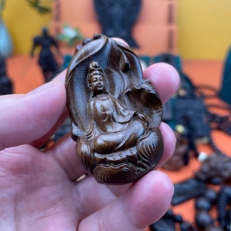 Dalah agarwood guanyin pendant natural shape hollow hand carved buddhist gift statue - religious (buddhist)