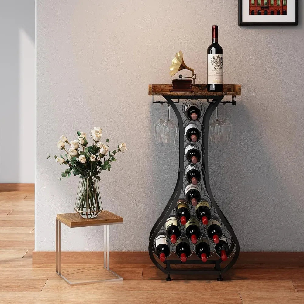 X-cosrack wine rack freestanding floor mini bar table holder stand liquor cabinet with glass wood tabletop 14 bottl