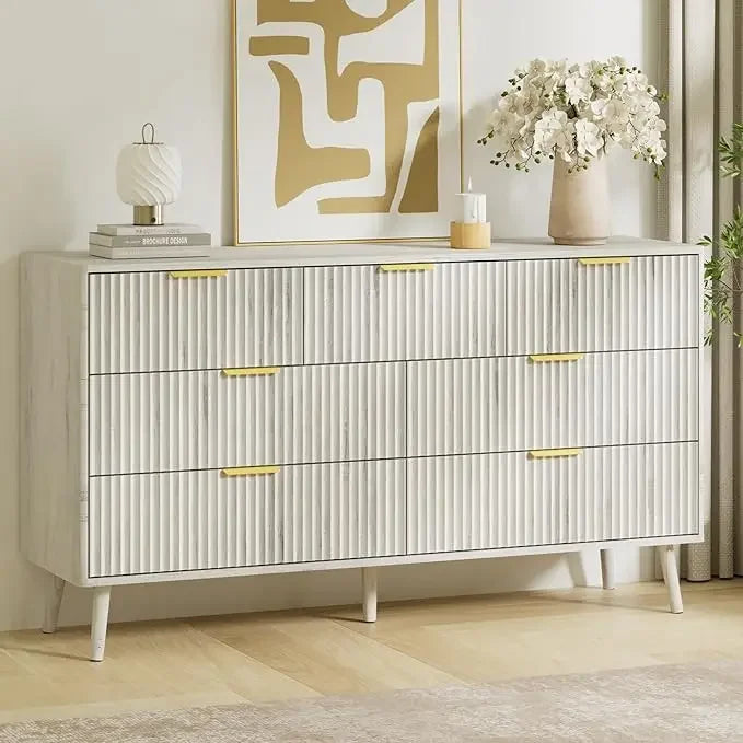 55’’ w fluted dresser for bedroom with 7 drawer modern chest of drawers metal handle & curved design wood tv stand