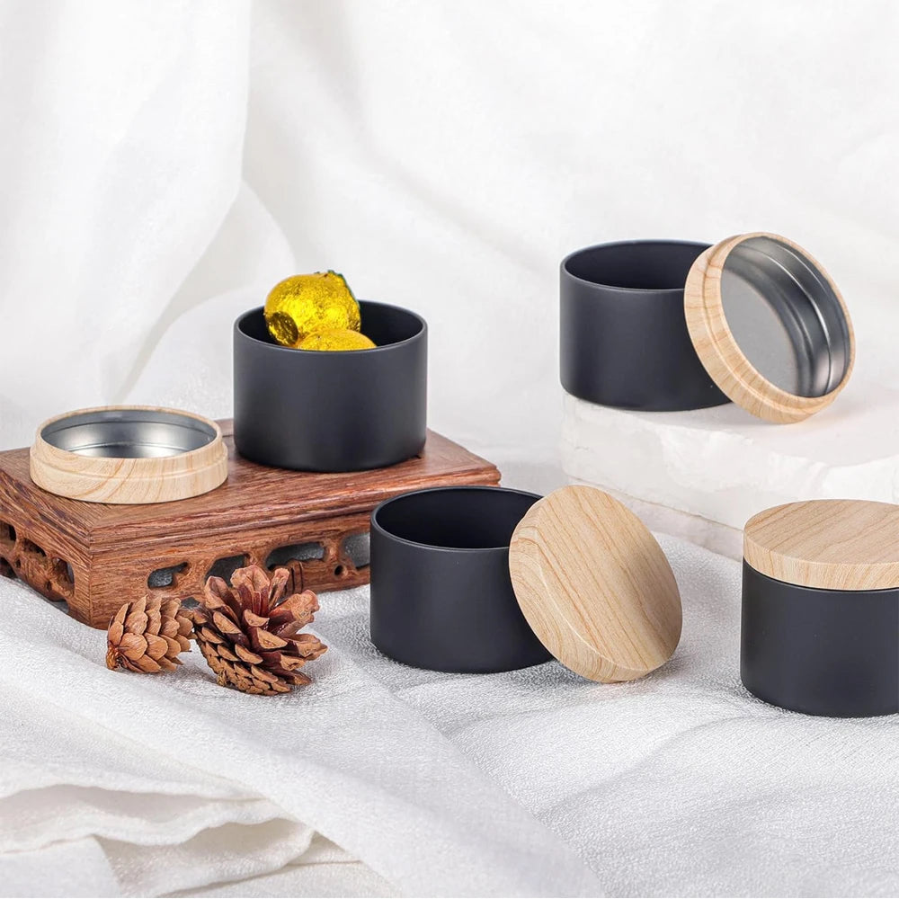 4oz candle tins - matte black bulk empty jars with wood grain lids for making storage and gift
