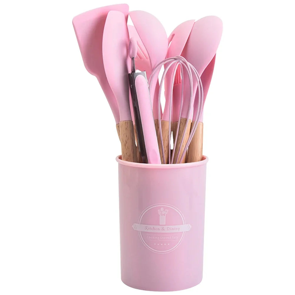 12pcs kitchen utensil set heat-resistant cookware wooden handle with holder spatula spoon brush whisk supplies - pink
