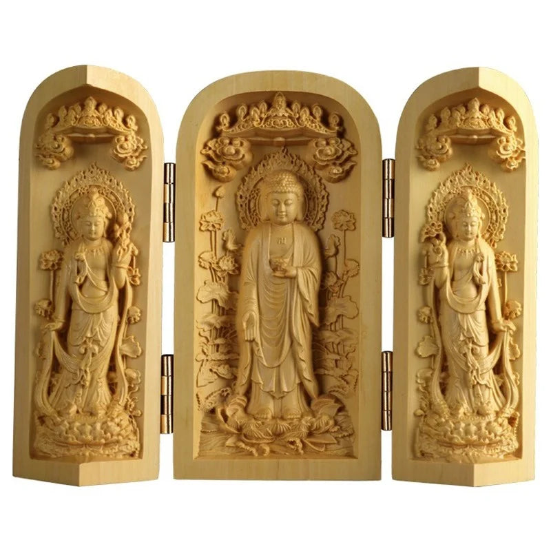 1pc exquisite boxwood carving guanyin buddha statue western sansheng wood crafts home decoration - religious (buddhist)