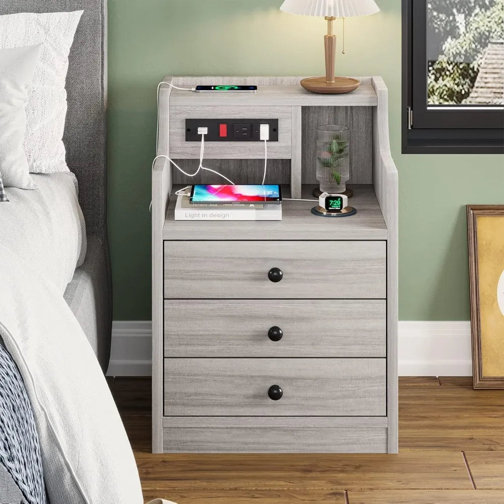 Nightstand with charging station night stand hutch & storage drawers end table side bedroom,