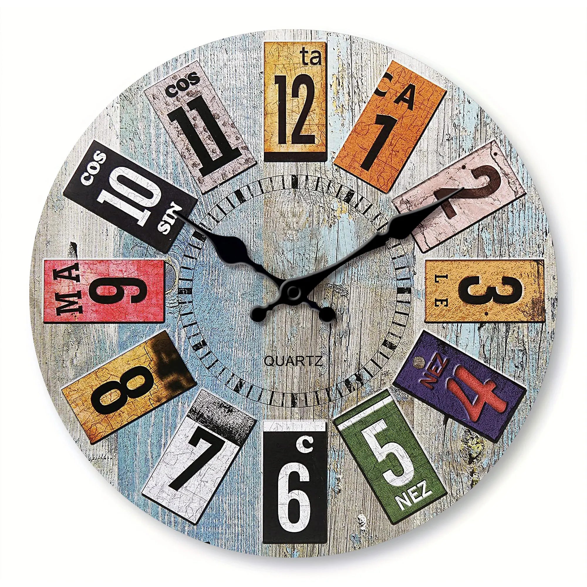 Nordic vintage style wooden wall clock light blue wood texture with colorful arabic numerals design silent f - mdf0073