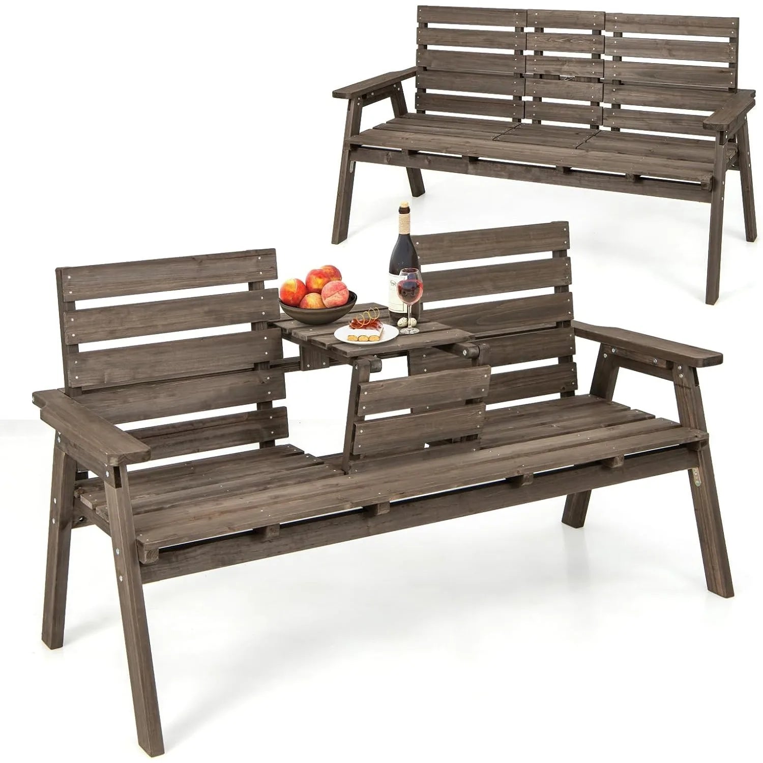 Outdoor fir wood bench with foldable middle table 2-3 person garden backrest and armrests 710 lbs weight - united