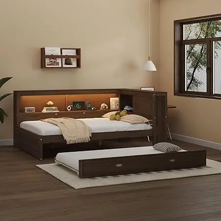 Harper & bright designs full size daybed with bookcase headboard and trundle wooden platform bed frame storage shelves