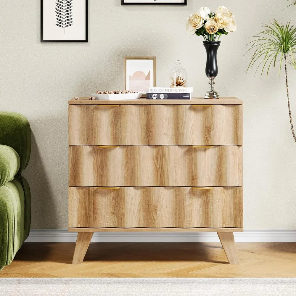 3 drawer dresser modern fluted chest of drawers with metal handles and wooden legs storage organizer accent cabinet f
