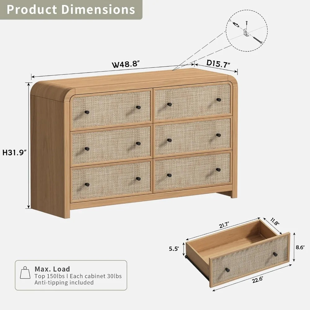 6 drawer dresser for bedroom 49’’ rattan with ample storage boho chest of drawers thickened curved profile design