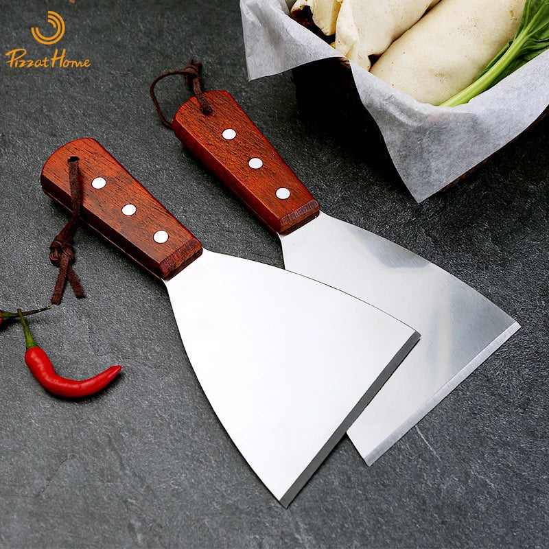 Pizzathome stainless steel food spatula grill shovel wood handle bbq tool beef steak turner square triangle