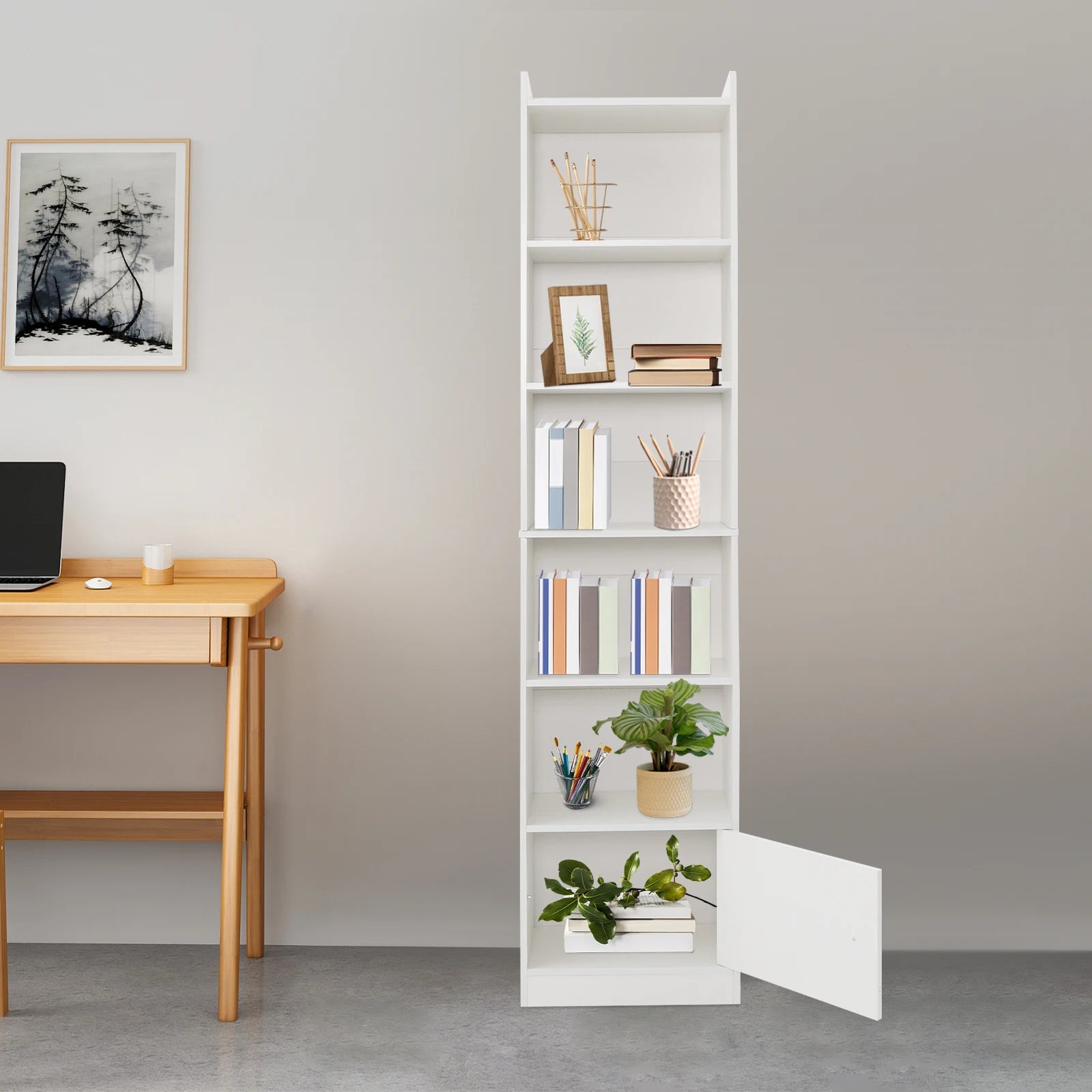 Small narrow corner bookcase - 71.26’’ tall free standing gap storage cabinet 6 tiers open shelves tower rack with door