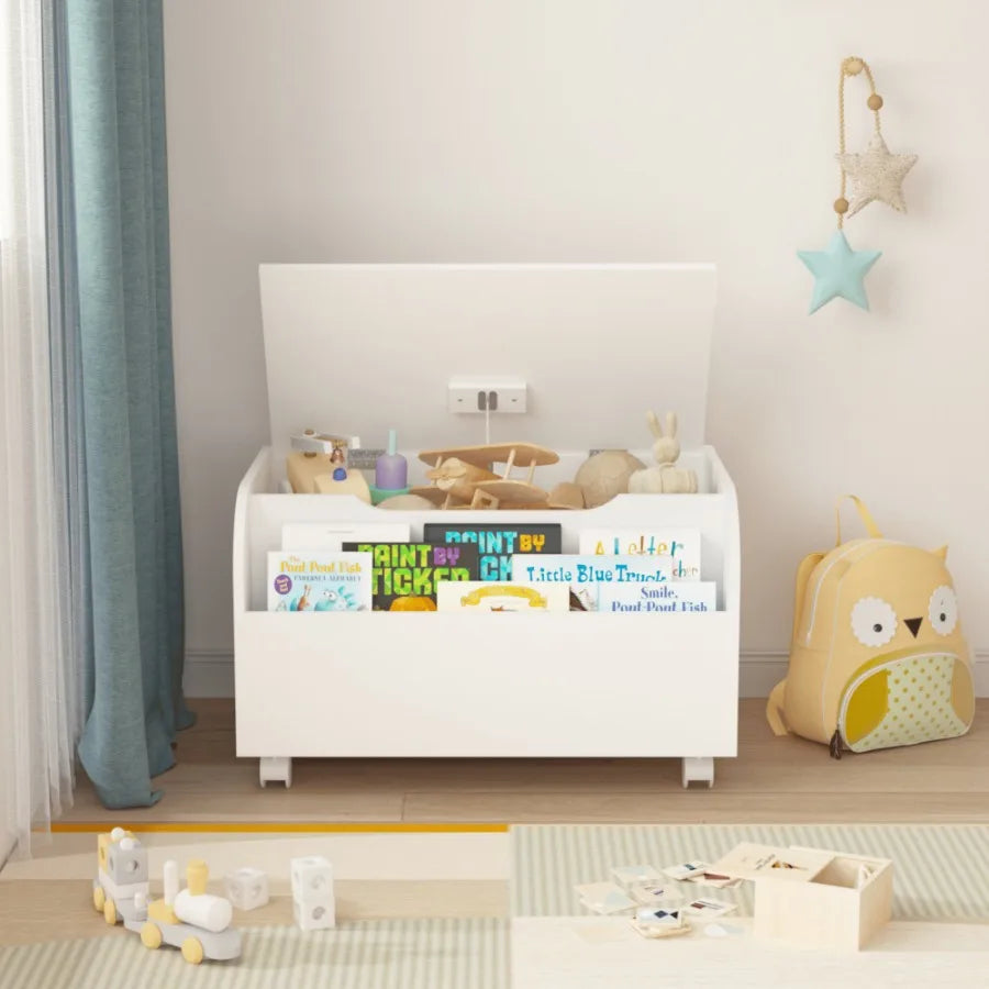 Wooden toy box with 4 universal wheels storage organizer front bookshelf fliptop lid safety hinge boys girls chest