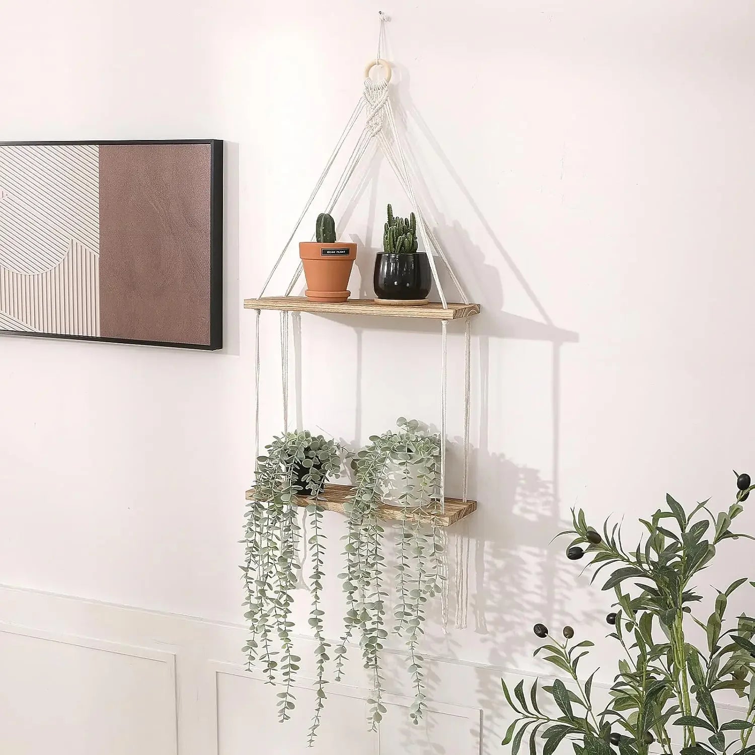 Macrame hanging shelf boho plant 2 tier wall decor wooden shelves cotton rope display photos pla - united states