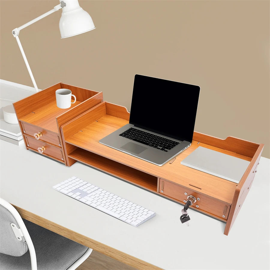 Computer monitor stand wooden desk organizer with drawers office supplies desktop tabletop