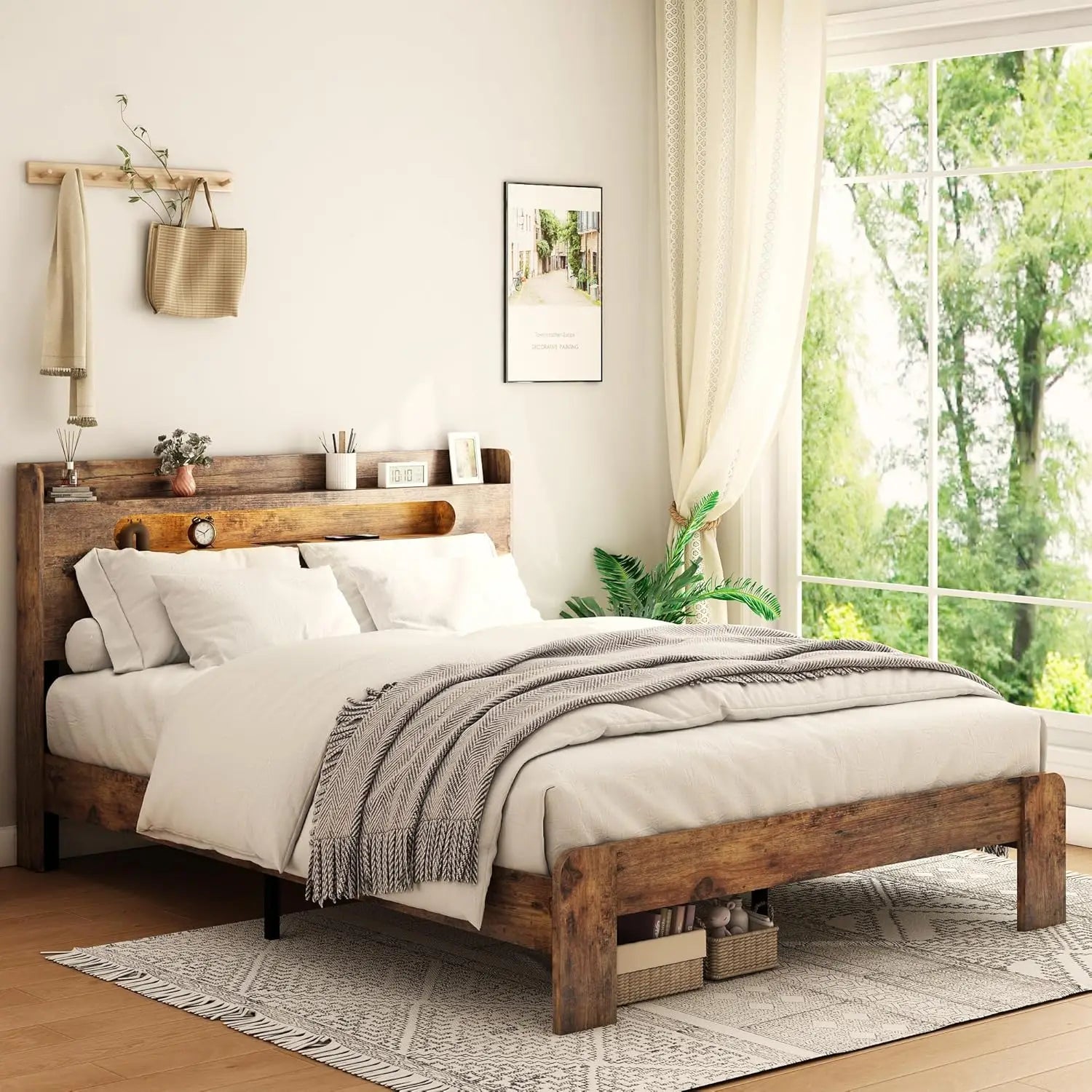 Wooden bed frame king size with headboard rustic framhouse platform bedframe wood slat support sturdy and no noise