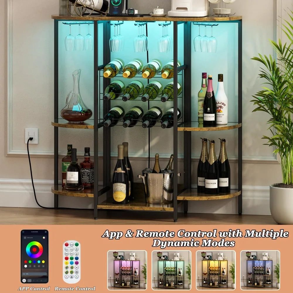 Cabinet with led lights & power outlets mini bar for liquor and coffee wine rack glass holder kitchen - united states