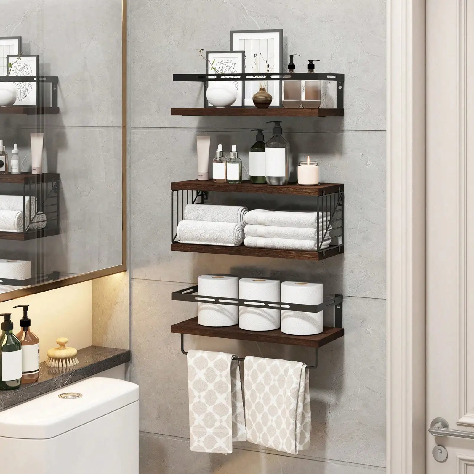 3 + 1 tier wall mounted bathroom shelves over toilet,rustic wood floating with metal frame towel bar