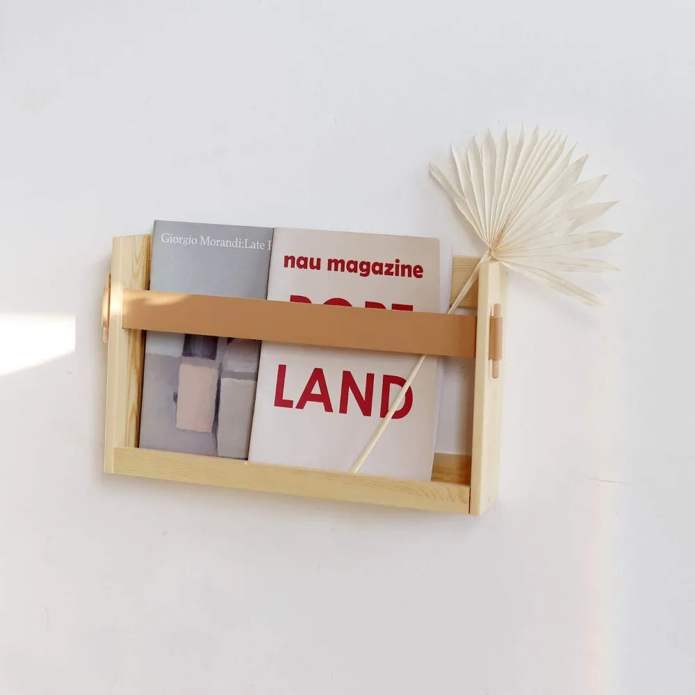 Wall-mounted leather strap magazine holder wooden file organizer for home and office entryway - united states / beige