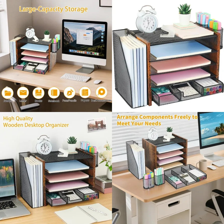 Wood desk organizers and accessories with file organizer 5-tier paper drawer pen holder for efficient office wor