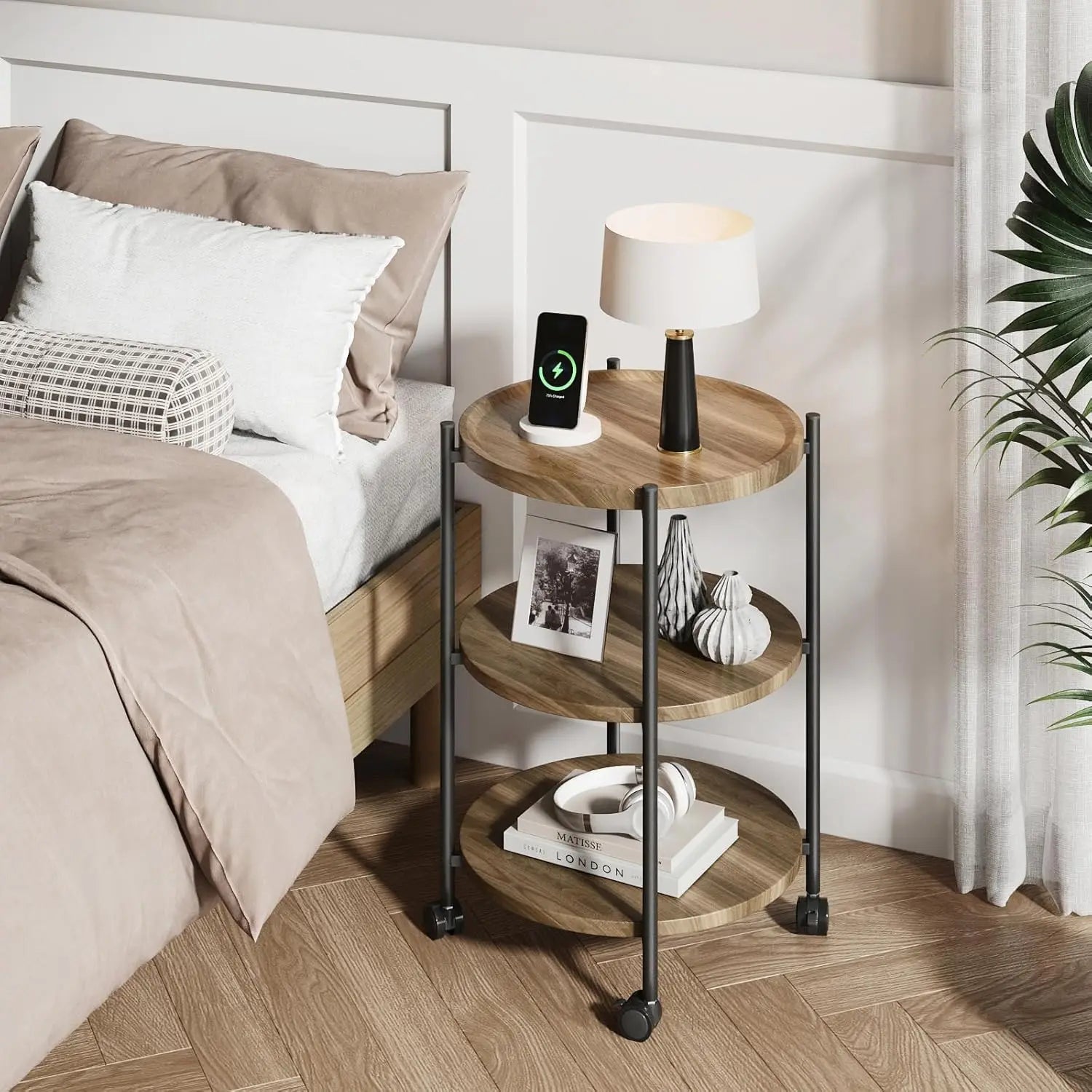 Side table 3-tier modern end with wheels small round nightstand bedside for living room bedroom or spaces-