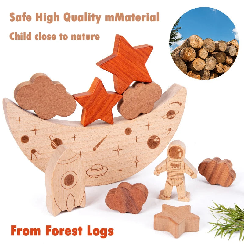 Wooden montessori toys stars moon balance blocks board games 3d celestial star cognition educational stacking - game