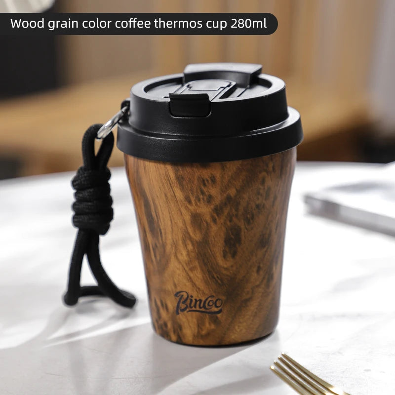 Bincoo 500ml wood grain pattern coffee thermal cup travel mug insulated vaccum portable 304 stainless steel thermos