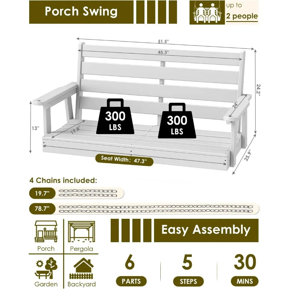 All-weather waterproof hdpe patio swing bench 51 - outdoor porch with stainless steel chains - united states / white