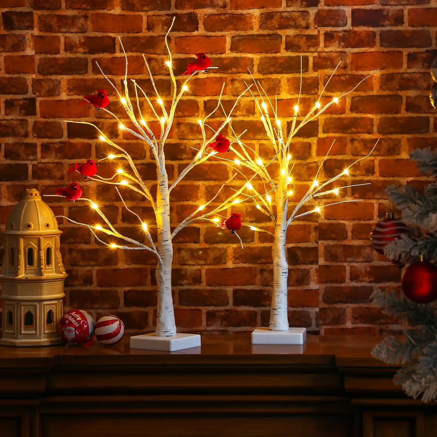 2 pcs ft lighted birch tree with 12 cardinals led battery-powered christmas table decor - united states / 0.6m