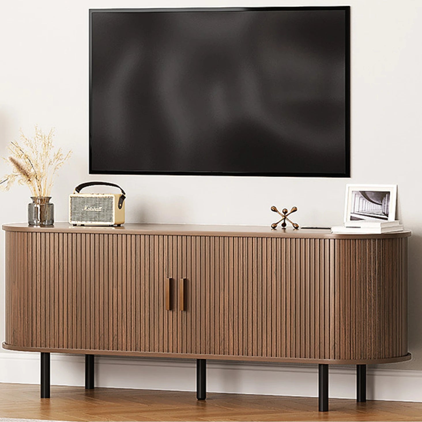 Tv stand living room furniture with power outlet for tvs up to 60/70’’,tv table sliding doors storage adjustable shelves