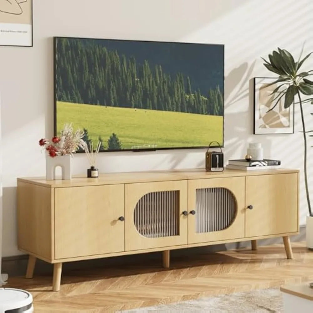 Tv stand for 55/60/65 inches wood media cabinet with glass doors entertainment center storage living room bed - united