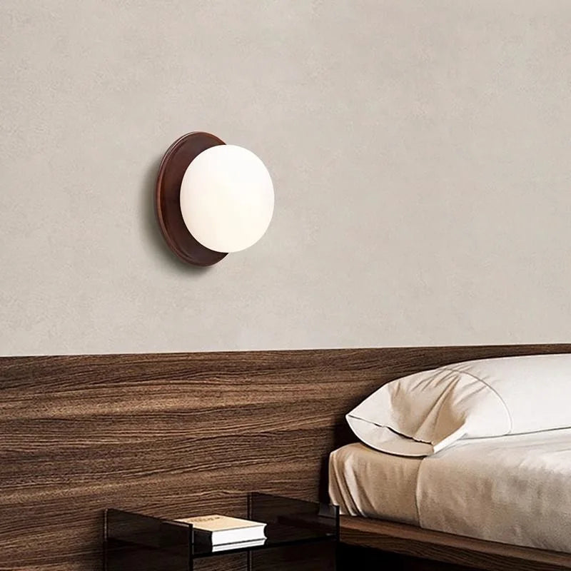 Wabi-sabi style nature wood walnut color bedroom bedside wall lights milky white round glass lamp for hallway stair