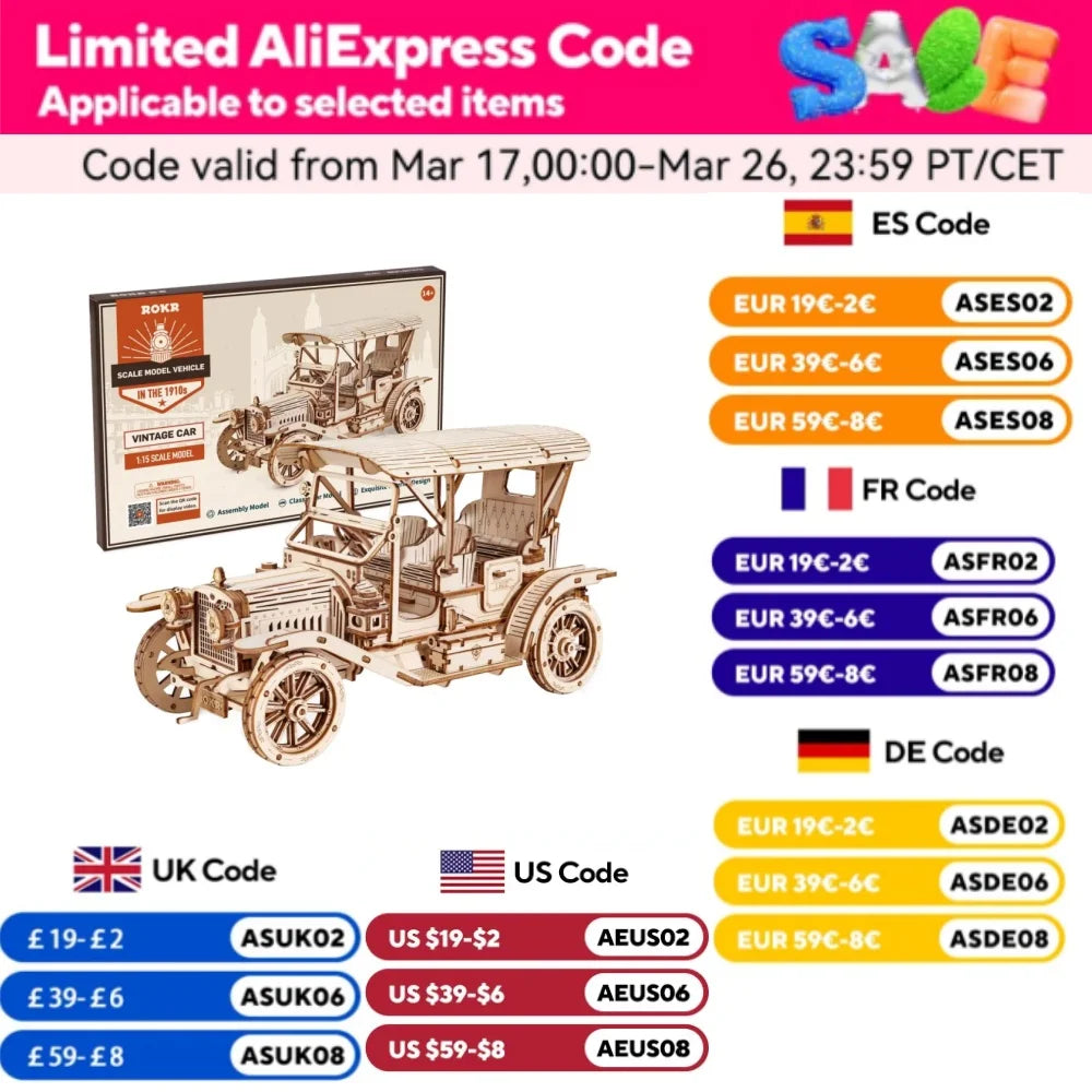 Robotime rokr classic car 3d wooden puzzle montessori toys vintage 1:15 scale model building kits for kids