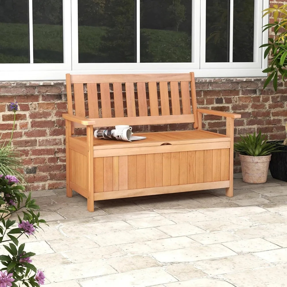 48 inch patio storage bench wood loveseat with 34.2 gal inner space entryway large deck box w/slatted backrest woode